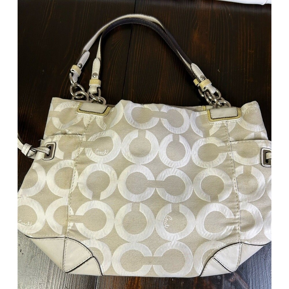 COACH Purse “Peyton” Cream & White OP ART Tote/Shoulder Bag #14573 Classic